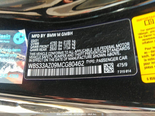 2021 BMW M4, VIN: WBS33AZ09MCG80462