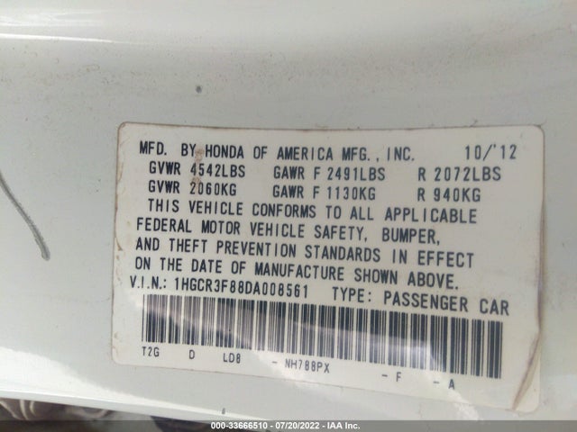 2013 HONDA ACCORD SDN EX-L VIN: 1HGCR3F88DA008561
