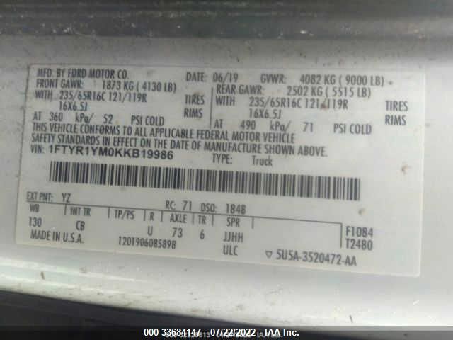 1FTYR1YM0KKB19986 Ford TRANSIT VAN