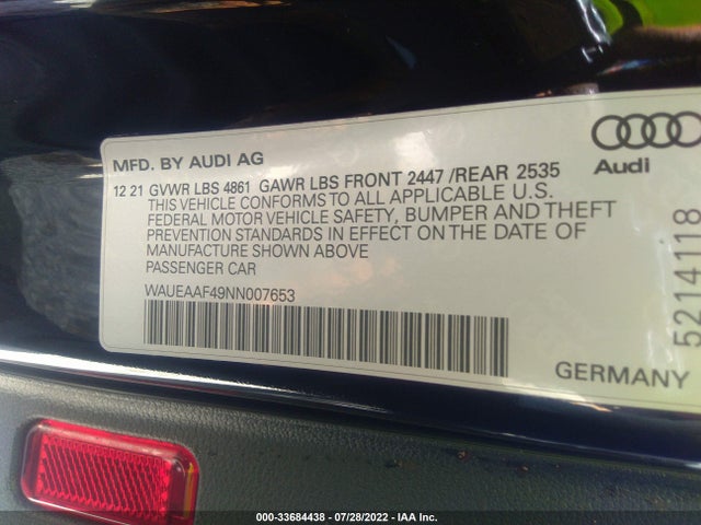 2022 Audi A4, VIN: WAUEAAF49NN007653