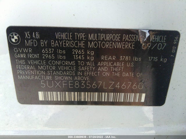 2007 BMW X5 4.8I VIN: 5UXFE83567LZ46760