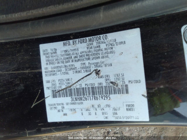 Lincoln MKZ 2007 3LNHM26T17R619295 Image 9