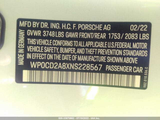 2022 Porsche 718, VIN: WP0CD2A8XNS228567