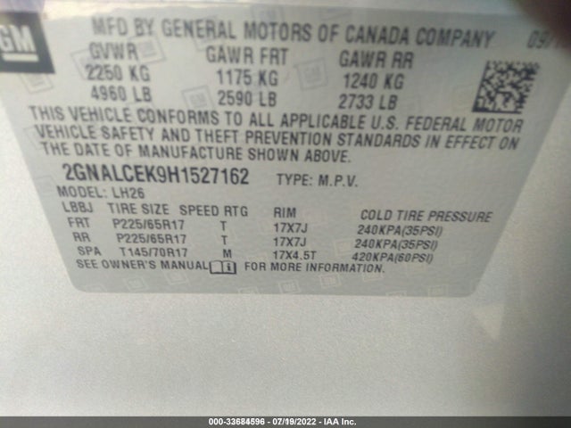 Chevrolet EQUINOX LT 2017 2GNALCEK9H1527162 Image 9