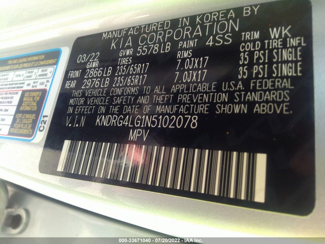 2022 Kia Sorento, VIN: KNDRG4LG1N5102078