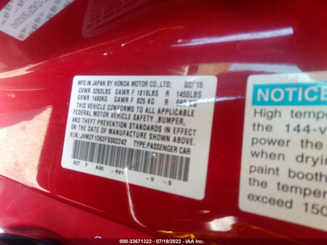 2015 Honda CR-Z, VIN: JHMZF1D62FS002242