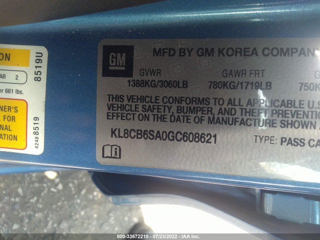 2016 Chevrolet Spark, VIN: KL8CB6SA0GC608621