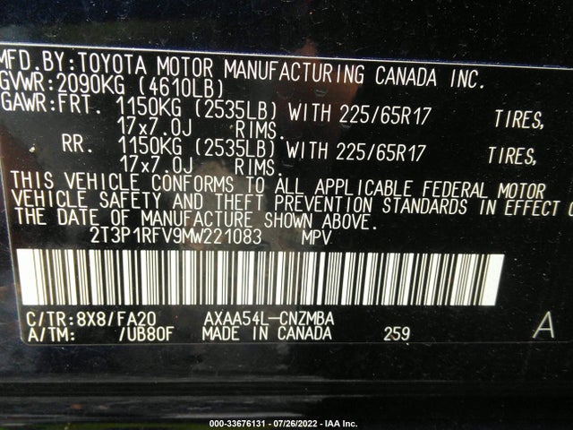 2021 TOYOTA RAV4 XLE VIN: 2T3P1RFV9MW221083