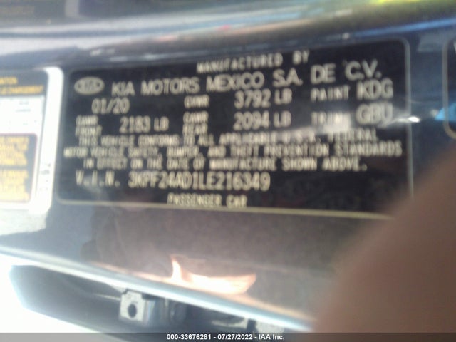2020 KIA FORTE LXS VIN: 3KPF24AD1LE216349