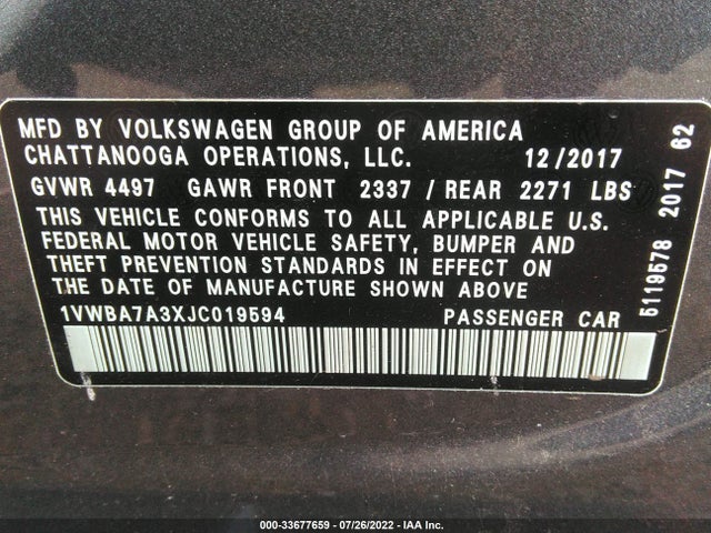2018 Volkswagen Passat, VIN: 1VWBA7A3XJC019594