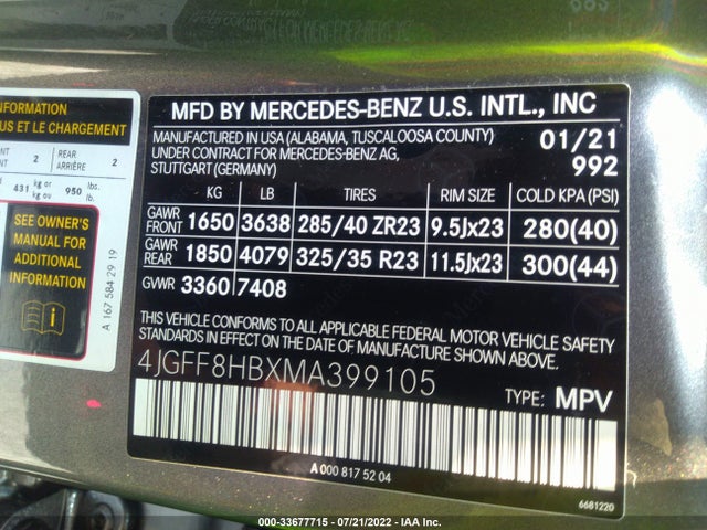 2021 Mercedes-Benz GLS-Class, VIN: 4JGFF8HBXMA399105