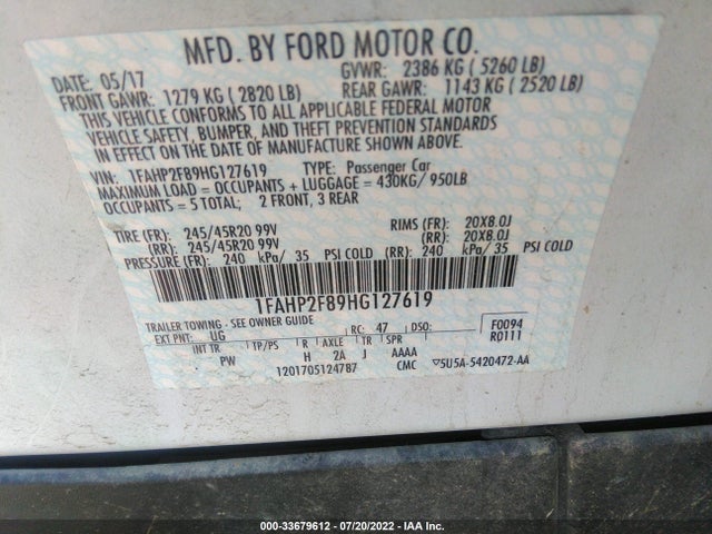 2017 Ford Taurus, VIN: 1FAHP2F89HG127619