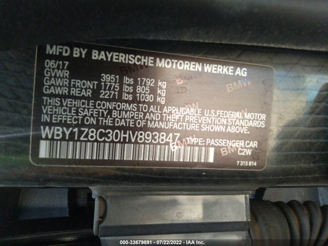 2017 BMW i3, VIN: WBY1Z8C30HV893847