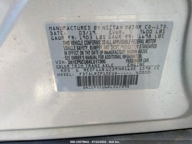 Nissan KICKS S 2019 3N1CP5CU6KL517395 Image 11