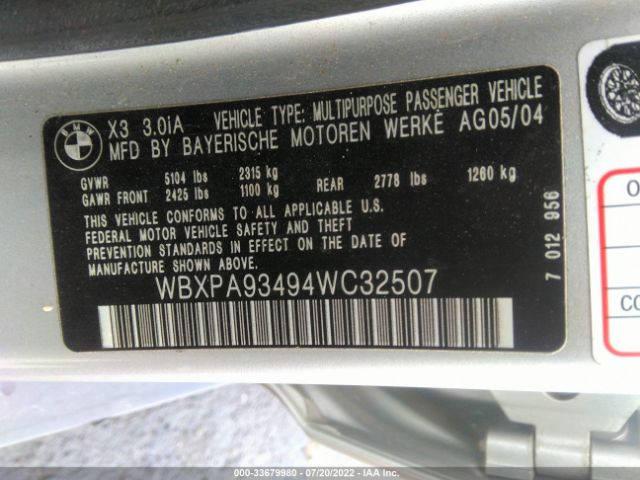 WBXPA93494WC32507 BMW X3 3.0I