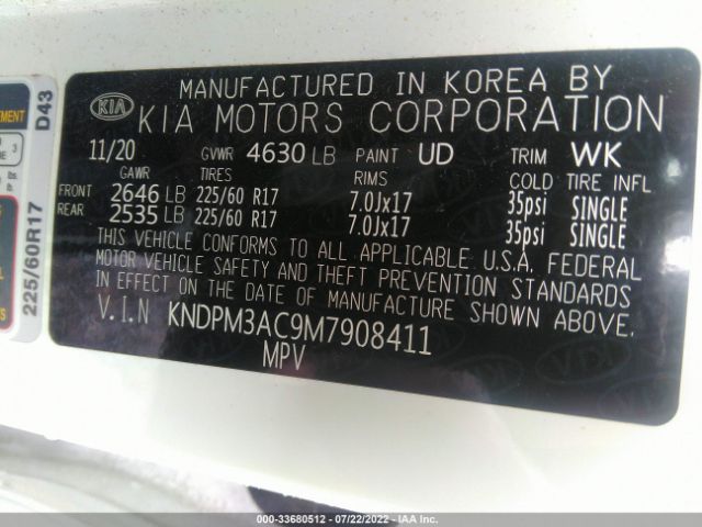 KNDPM3AC9M7908411 KIA Sportage Lx