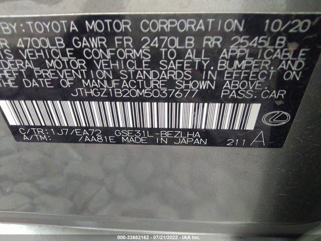 2021 Lexus IS, VIN: JTHGZ1B20M5037677