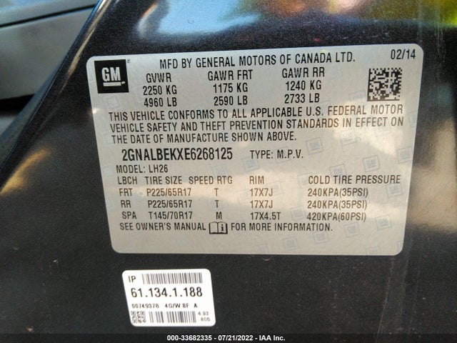 Chevrolet EQUINOX 1LT 2014 2GNALBEKXE6268125 Image 9