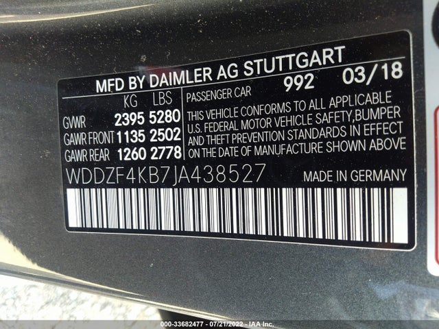 2018 MERCEDES-BENZ E-CLASS E 300 VIN: WDDZF4KB7JA438527
