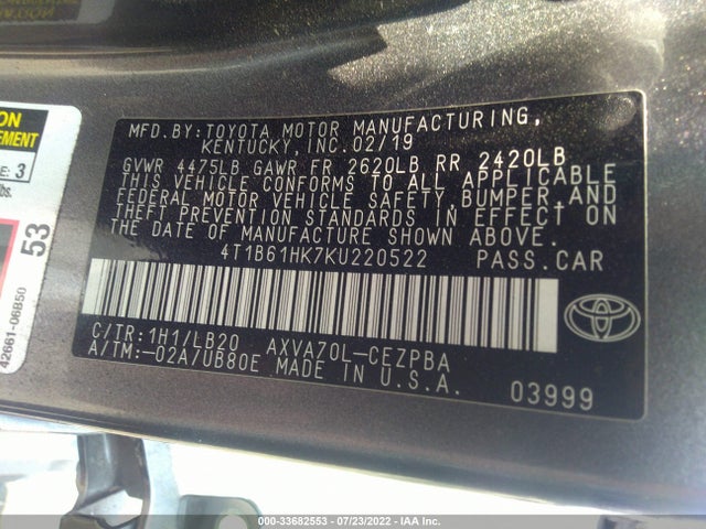 Toyota CAMRY XSE 2019 4T1B61HK7KU220522 Image 9