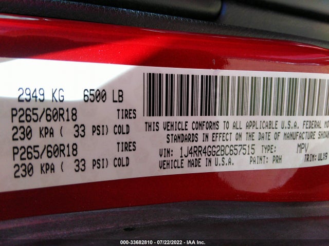 2011 JEEP GRAND CHEROKEE LAREDO VIN: 1J4RR4GG2BC657515