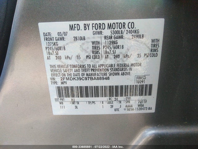 2007 FORD EDGE SEL PLUS VIN: 2FMDK39C97BA88948