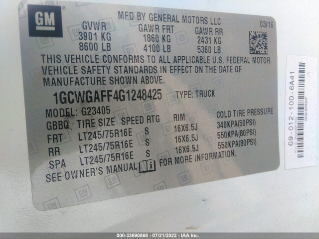 2016 Chevrolet Express, VIN: 1GCWGAFF4G1248425