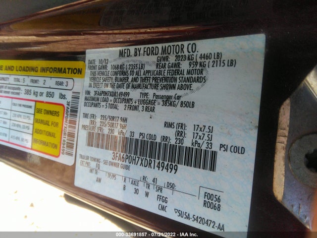 2013 FORD FUSION SE VIN: 3FA6P0H7XDR149499