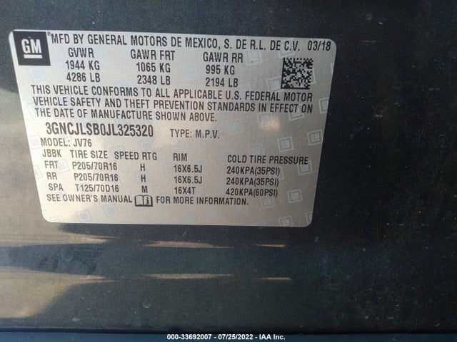Продаж на аукціоні авто 2018 Chevrolet Trax Lt, vin: 3GNCJLSB0JL325320, номер лоту: 33692007