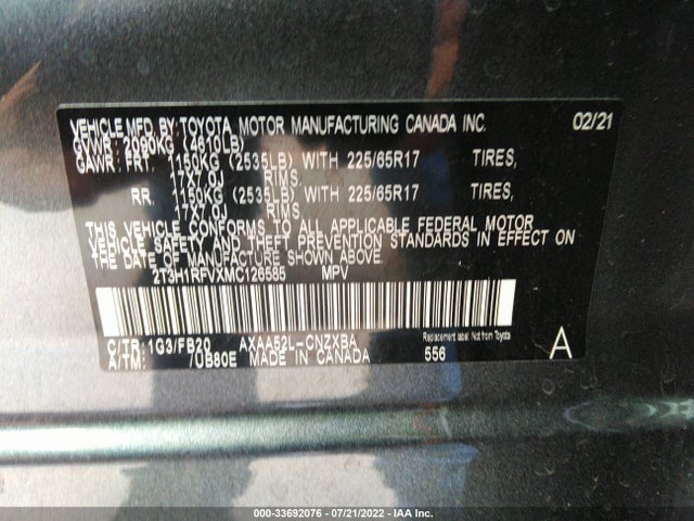 2021 Toyota RAV4, VIN: 2T3H1RFVXMC126585