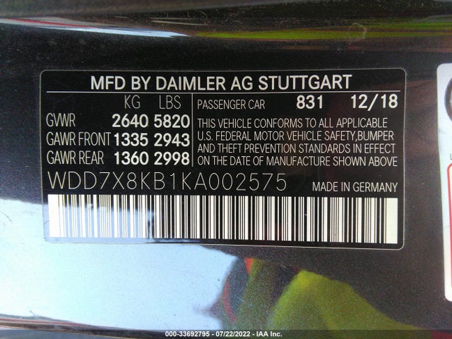 2019 Mercedes-Benz AMG GT, VIN: WDD7X8KB1KA002575