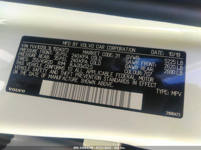 2020 Volvo XC60, VIN: YV4102DL3L1504073