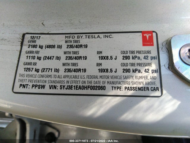 5YJ3E1EA0HF002060 Tesla Model 3 Standard/long Range