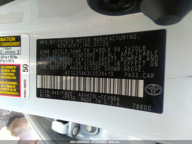 2020 Toyota Camry, VIN: 4T1C31AK3LU538419