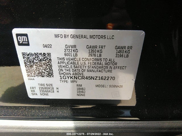 2022 Cadillac XT5, VIN: 1GYKNCR45NZ162270