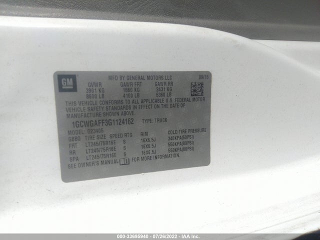 2016 Chevrolet Express, VIN: 1GCWGAFF3G1124162