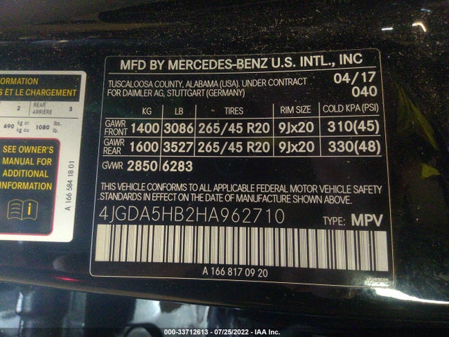 2017 Mercedes-Benz GLE-Class, VIN: 4JGDA5HB2HA962710