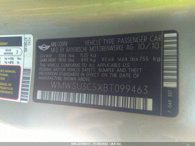 WMWSU3C5XBT099463 Mini COOPER HARDTOP