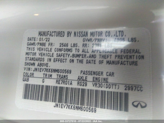 2022 Infiniti Q60, VIN: JN1EV7KK6NM600569