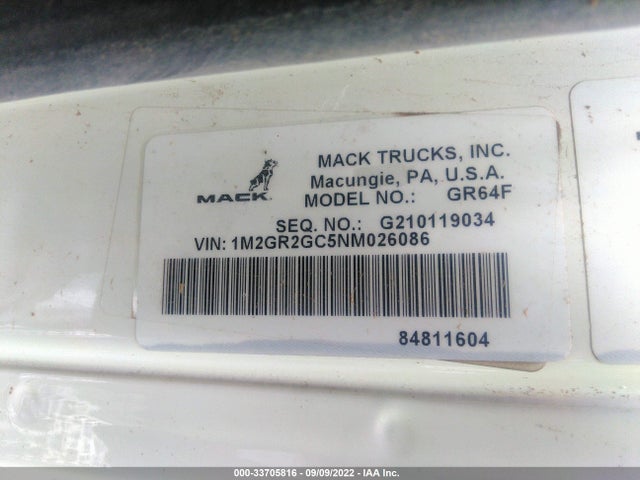 2022 MACK GRANITE VIN: 1M2GR2GC5NM026086