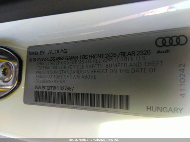 2017 Audi S3, VIN: WAUB1GFF9H1027887