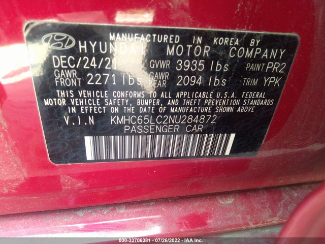 2022 Hyundai Ioniq, VIN: KMHC65LC2NU284872