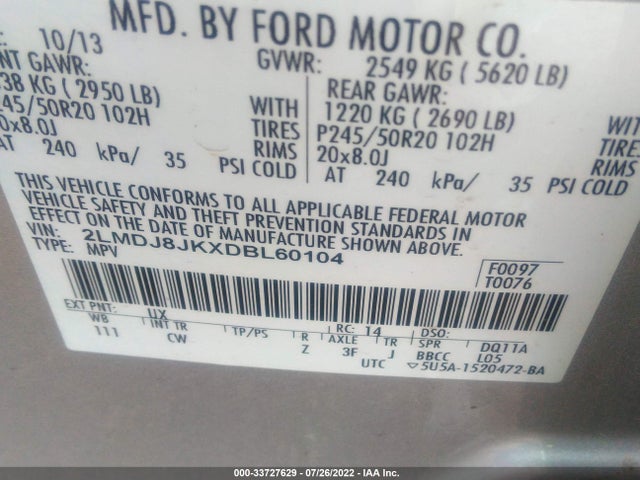 2013 LINCOLN MKX VIN: 2LMDJ8JKXDBL60104