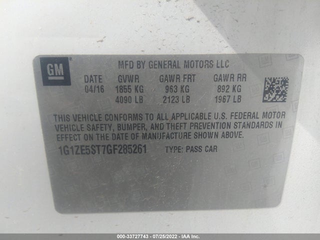 2016 Chevrolet Malibu, VIN: 1G1ZE5ST7GF285261