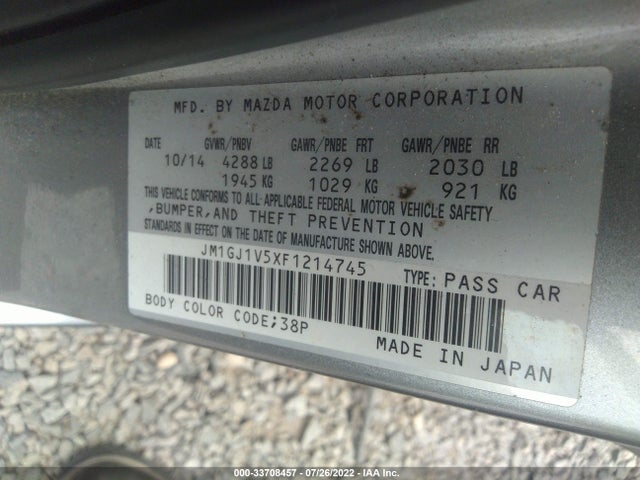 2015 MAZDA MAZDA6 I TOURING VIN: JM1GJ1V5XF1214745