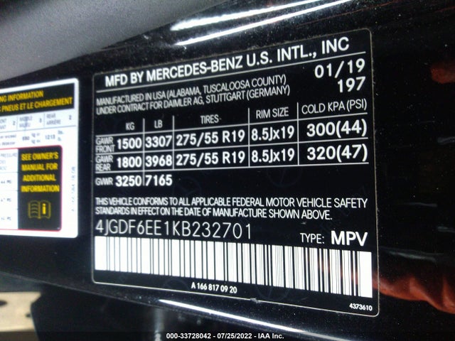 2019 Mercedes-Benz GLS-Class, VIN: 4JGDF6EE1KB232701