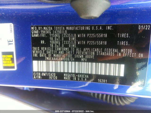 2022 Toyota Corolla, VIN: 7MUEAAAGXNV008704