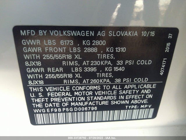 2016 Volkswagen Touareg, VIN: WVGEF9BP5GD006796