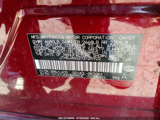 2007 LEXUS ES 350 VIN: JTHBJ46G272125922
