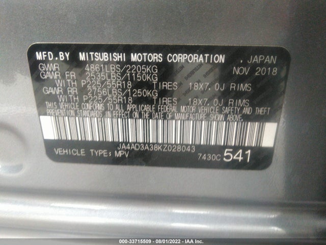 JA4AD3A38KZ028043 Mitsubishi Outlander Se/sel/le
